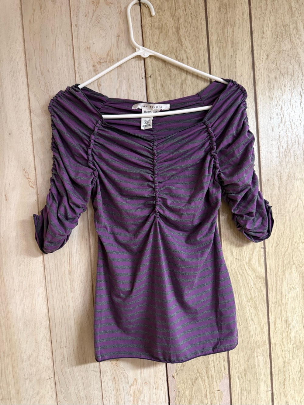 Max Studio Purple Striped Ruched Scoop Neck Top